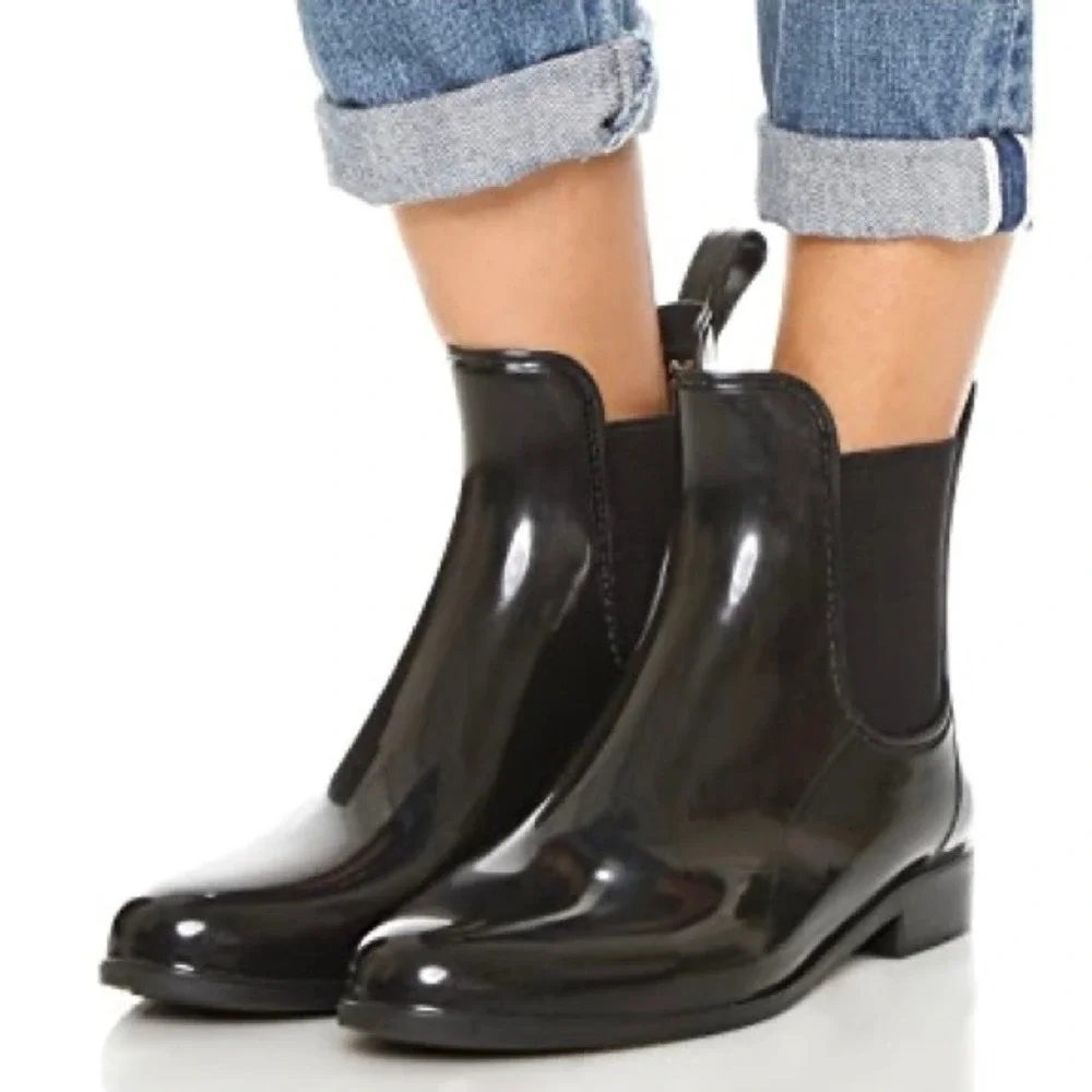 Sam Edelman Tinsley Women Black Glossy Chelsea Rain Boots Size 9 Waterproof